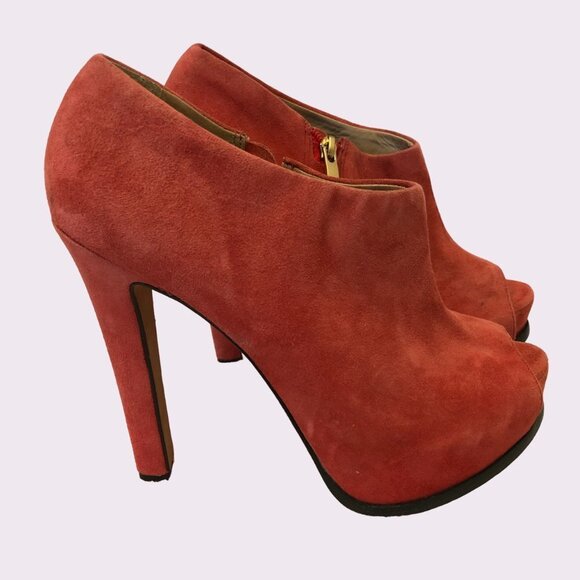 Pour La Victoire Orange Red Suede Peep Toe Platform High Heel Bootie Size 9.5 - Picture 1 of 15